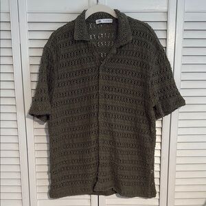 Zara Green Casual Button Down Shirt with Textured Knit